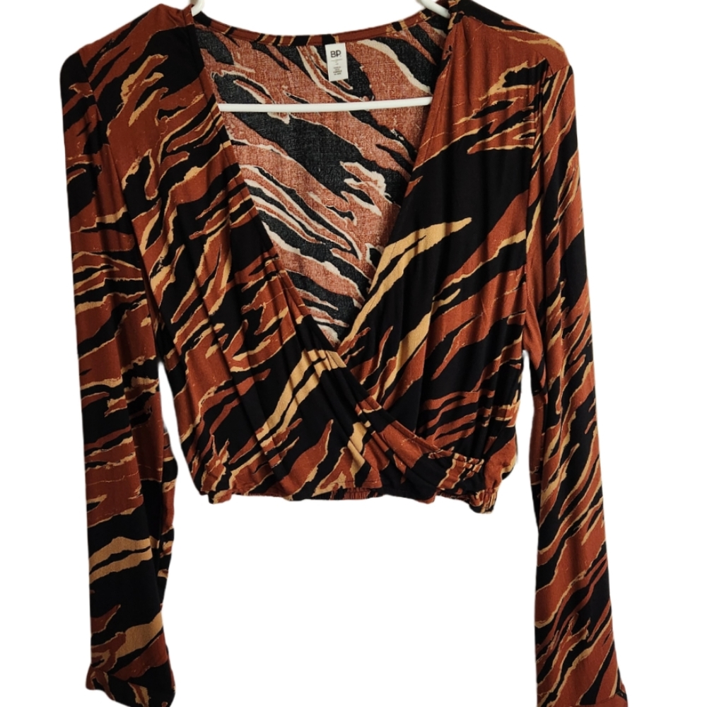 BP Surplice V-Neck Crop Trop Color Brown Burnout Tiper Stripe Size S